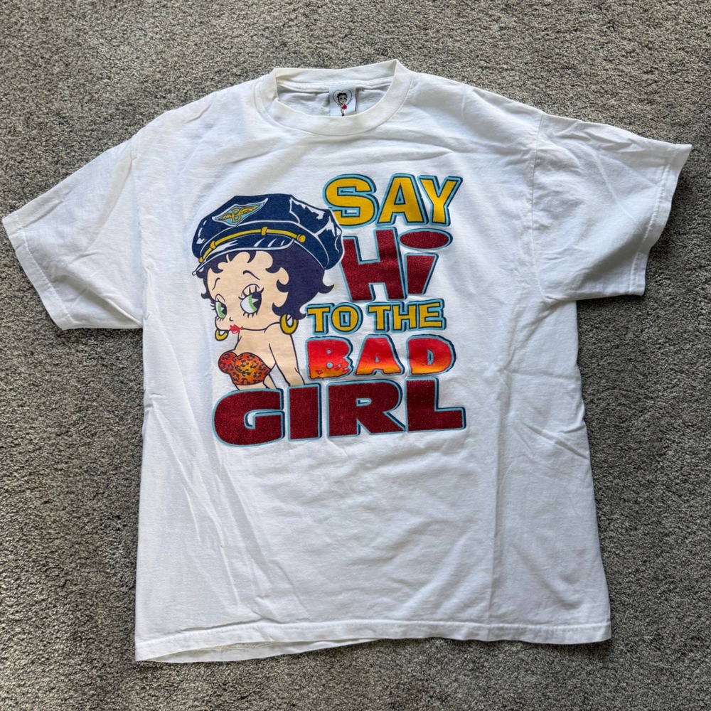 Vintage Betty Boop Say Hi To The Bad Girl White Glitter Graphic T-Shirt Large